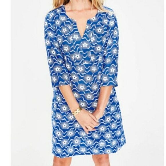 Boden Star Print Blue White 100% Linen Dress Size 4 Petite July 4th Patriotic - Picture 1 of 9